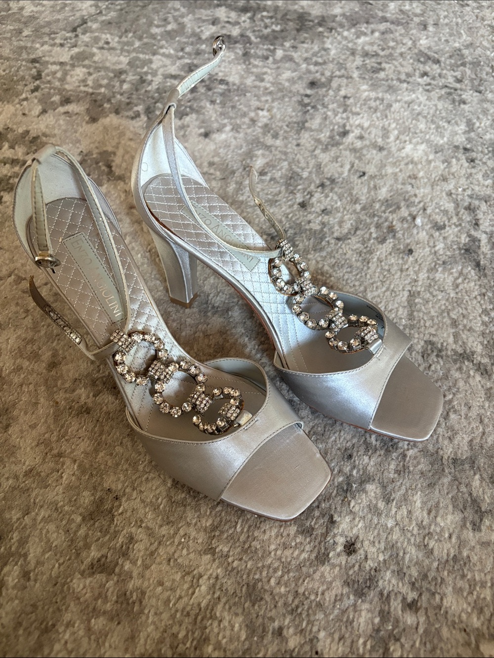 Enzo Angiolini Silver Satin Crystal-Embellished Slingback Heels